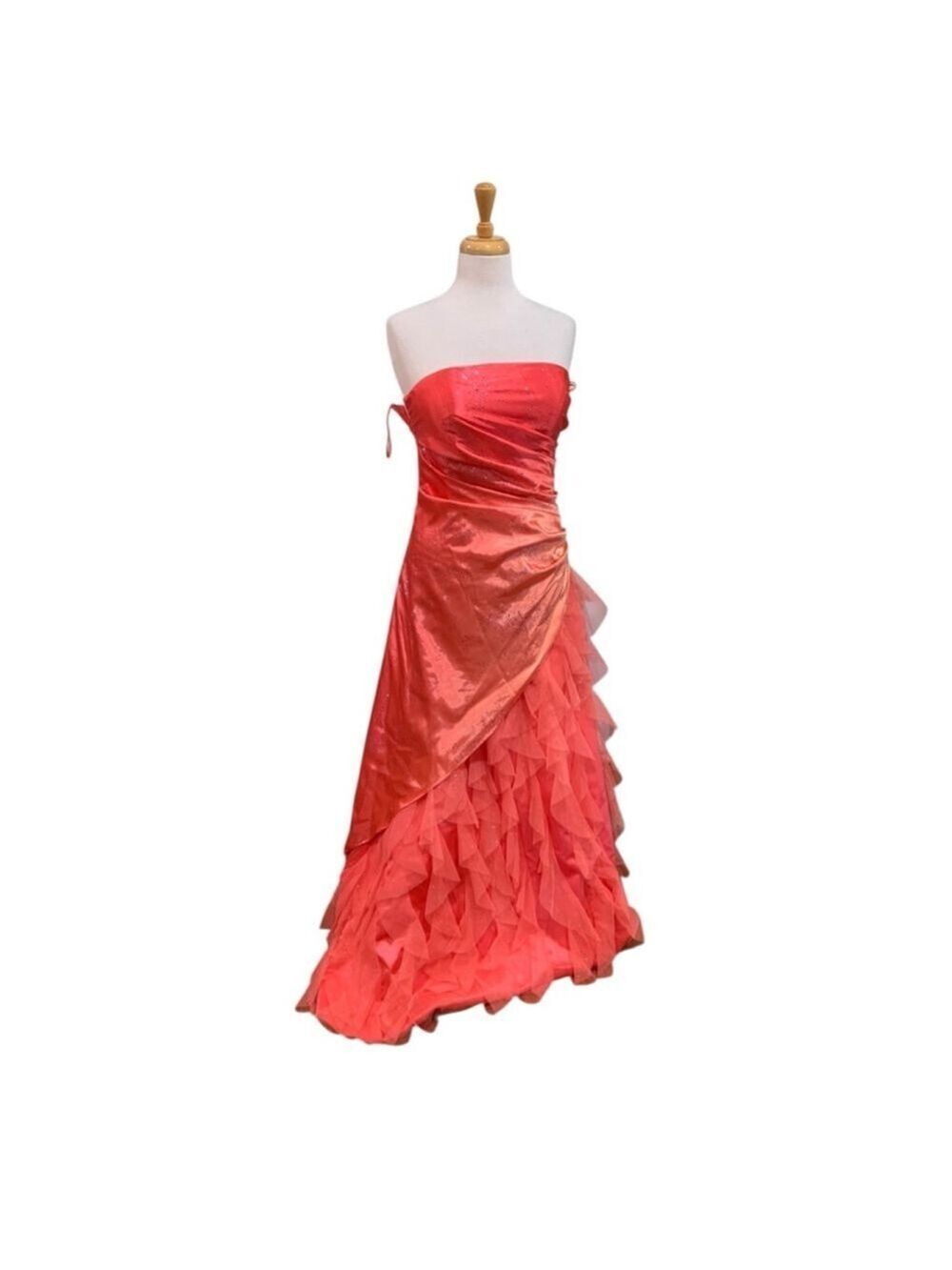 Vntg Y2K Women's Jump Apparel Prom Dress Juniors 7 Coral Strapless Ruffle Gown